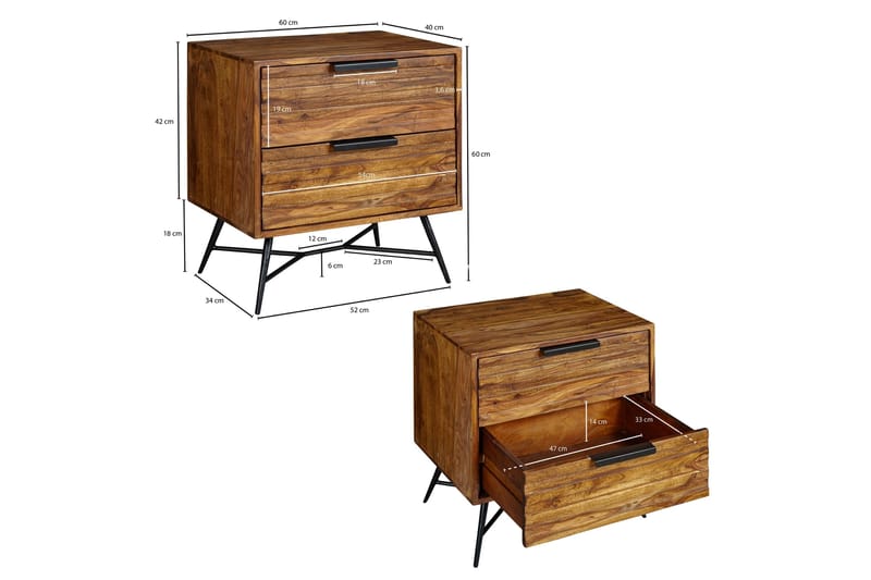 Kimbal Sengebord 60 cm med Opbevaring 2 Skuffer - Massivt Træ/Sort - Møbler - Borde - Aflastningsbord - Sengebord
