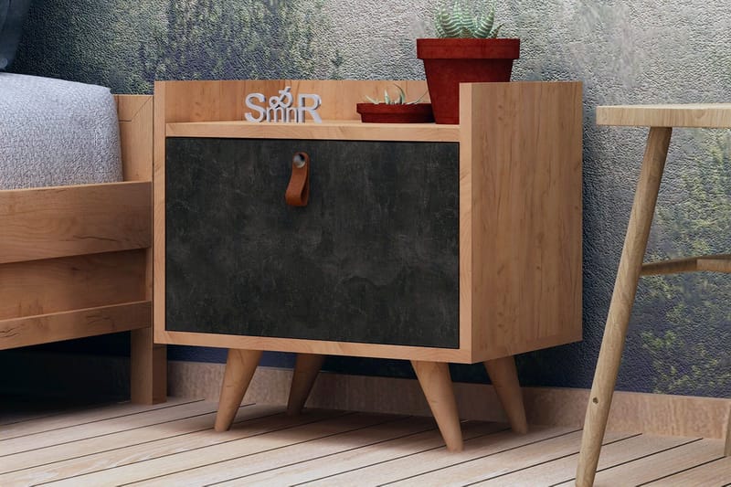 Mod Design Sengebord 50 cm med Opbevaring Skab Læderbeslag - Grå/Træ - Sengebord