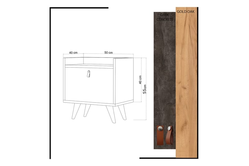 Mod Design Sengebord 50 cm med Opbevaring Skab Læderbeslag - Grå/Træ - Sengebord