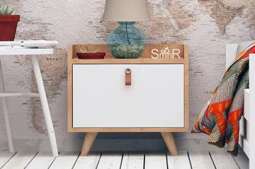 Mod Design Sengebord 50 cm med Opbevaring Skab Læderbeslag - Træ/Hvid - Møbler - Borde - Aflastningsbord - Sengebord
