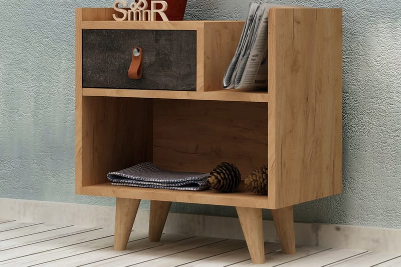 Mod Design Sengebord 50cm med Opbevaring Skuffe+Hylde Læderb - Grå/Træ - Sengebord