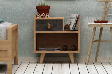 Mod Design Sengebord 50cm med Opbevaring Skuffe+Hylde Læderb - Grå/Træ - Møbler - Borde - Aflastningsbord - Sengebord
