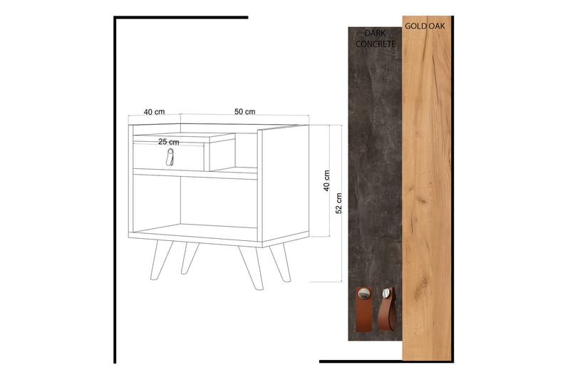 Mod Design Sengebord 50cm med Opbevaring Skuffe+Hylde Læderb - Grå/Træ - Sengebord