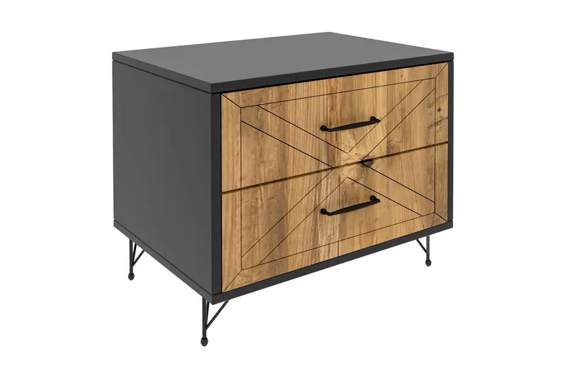 Myrvallen Sengebord 50 cm med Opbevaring 2 Skuffer, Grå/Brun