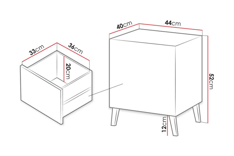 Novaj Sengebord 44 cm - Mat Hvid/Sort - Sengebord