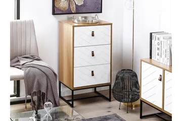 Nueva Sengebord 49 cm med Skuffer i Træ med Metalunderstel - Hvid - Møbler - Borde - Aflastningsbord - Sengebord