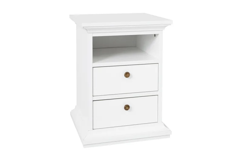 Paris Sengebord 40 cm med Opbevaring 2 Skuffer + Hylde, Hvid