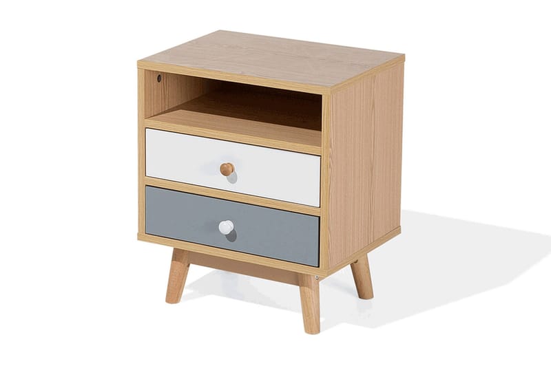 Peinmore Sengebord 40 cm med Opbevaring 2 Skuffer + Hylde - Brun/Hvid/Grå - Møbler - Borde - Aflastningsbord - Sengebord