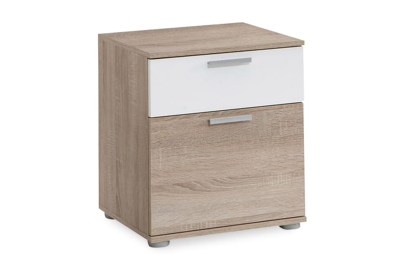 Polyxo Sengebord 38 cm med Opbevaring 2 Skuffer - Hvid/Egefarvet/Lysegrå - Møbler - Borde - Aflastningsbord - Sengebord