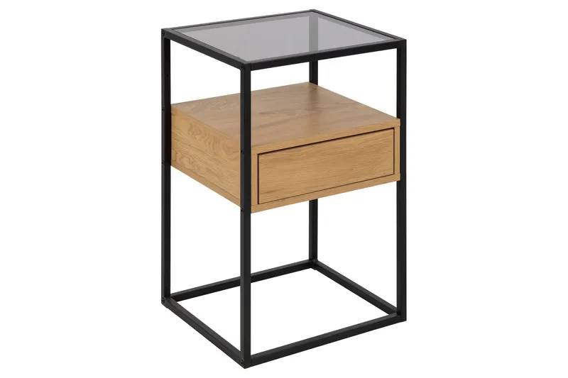 Sakila Natbord 35 cm i Glas med Egetræsudseende, Opbevaring med Skuffe, Natur