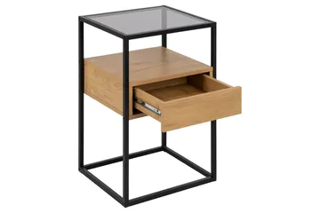 Sakila Natbord 35 cm i Glas med Egetræsudseende, Opbevaring med Skuffe - Natur - Møbler - Borde - Aflastningsbord - Sengebord