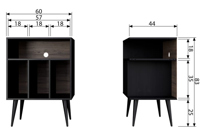 Seamas Sengebord 60 cm med Opbevaring Hylder - Valnød/Sort - Møbler - Borde - Aflastningsbord - Sengebord