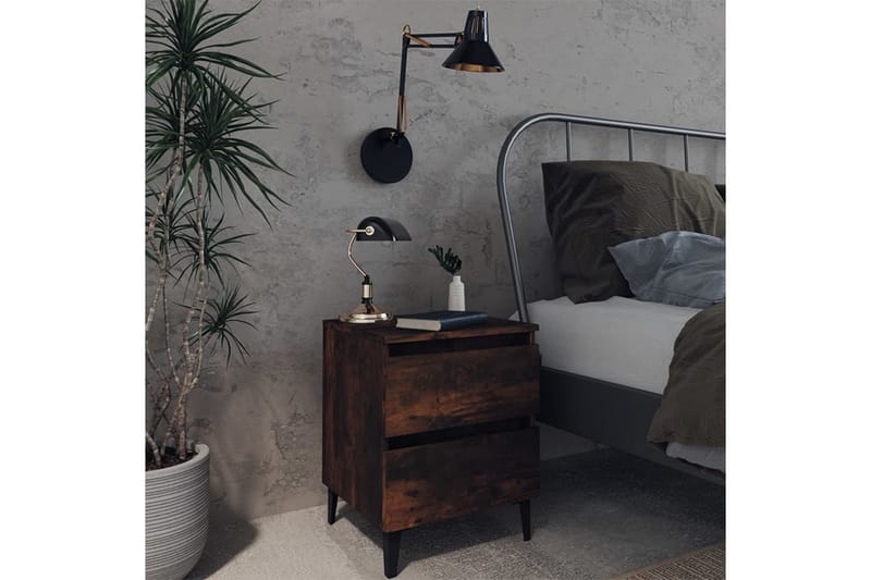 sengebord med metalben 40x35x50 cm røget egetræsfarve - Brun - Møbler - Borde - Aflastningsbord - Sengebord