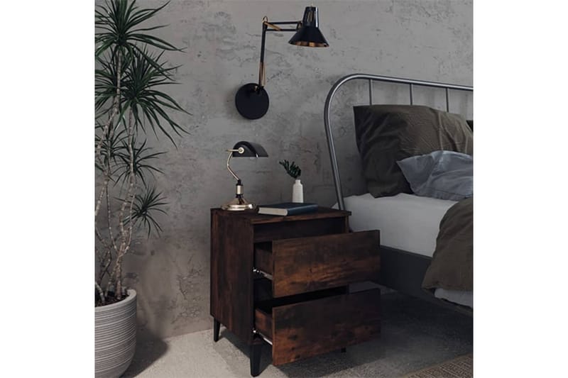 sengebord med metalben 40x35x50 cm røget egetræsfarve - Brun - Møbler - Borde - Aflastningsbord - Sengebord