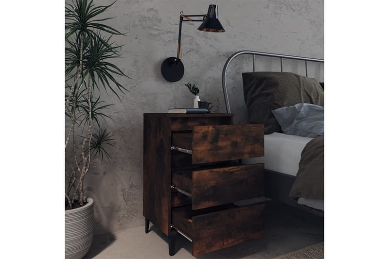 sengebord med metalben 40x35x69 cm røget egetræsfarve - Brun - Møbler - Borde - Aflastningsbord - Sengebord