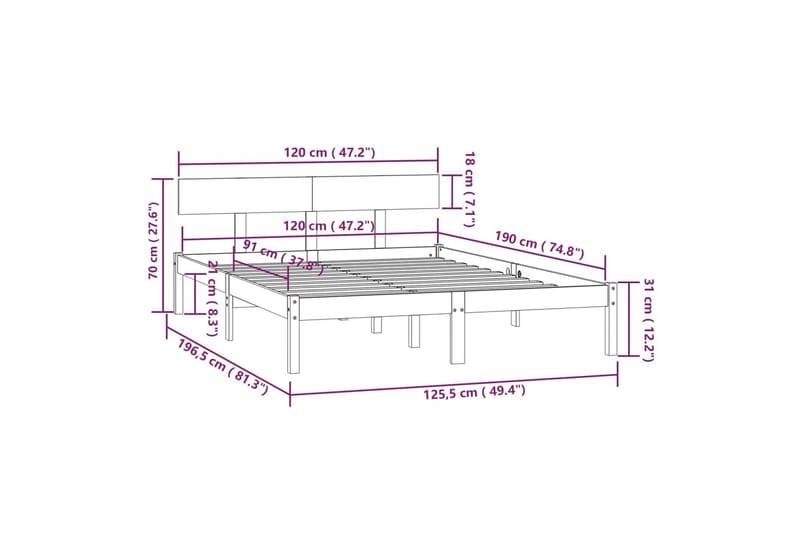 sengeramme 120x190 cm UK Small Double massivt fyrretræ grå - Grå - Sengebord