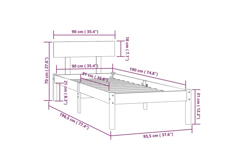 sengeramme 90x190 cm UK Single massivt fyrretræ gyldenbrun - Brun - Sengebord