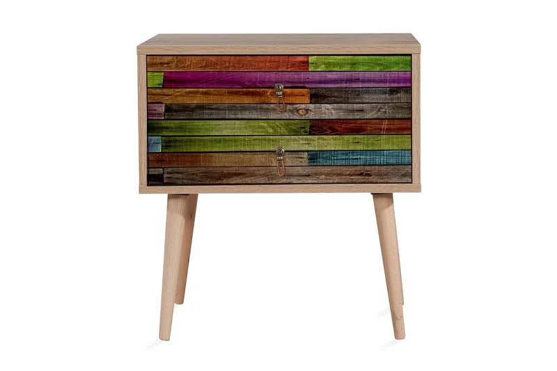 Vellavie Sengebord 60 cm med Opbevaring 2 Skuffer Regnbuepan, Rød/Grøn