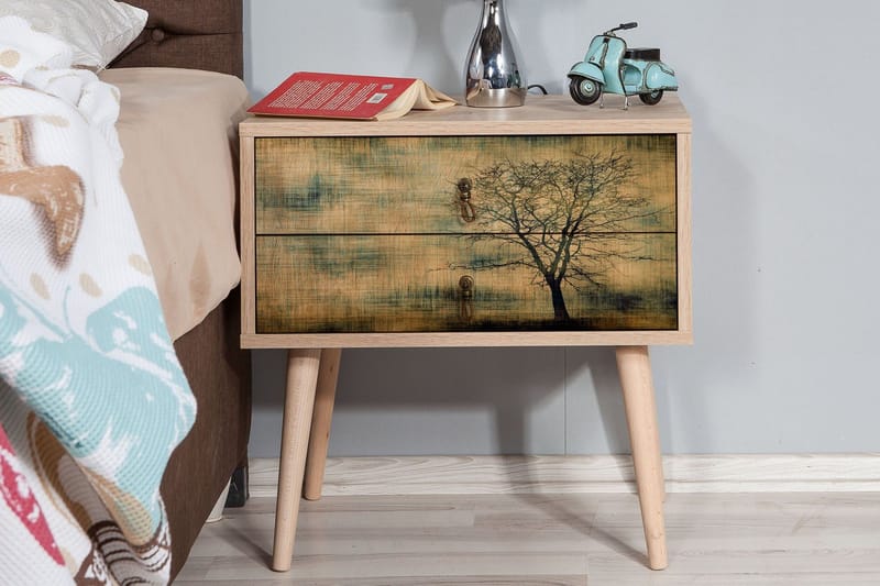 Vellavie Sengebord 60 cm med Opbevaring 2 Skuffer Træsilhuet - Brun/Grøn - Møbler - Borde - Aflastningsbord - Sengebord