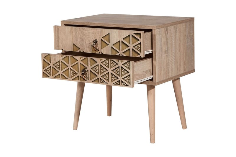Vellavie Sengebord 60 cm med Opbevaring 2 Skuffer Trianglar - Brun/Eg - Møbler - Borde - Aflastningsbord - Sengebord