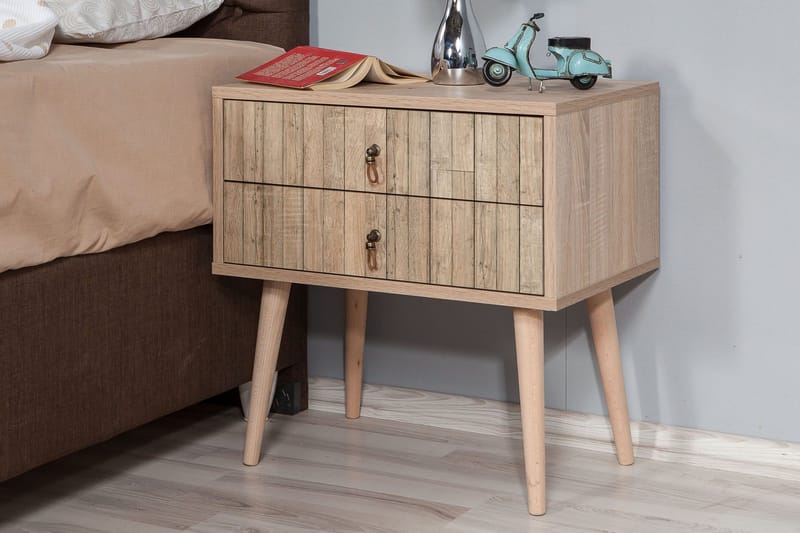 Vellavie Sengebord 60 cm med Opbevaring 2 Skuffer Vertikalt - Lysebrun - Møbler - Borde - Aflastningsbord - Sengebord