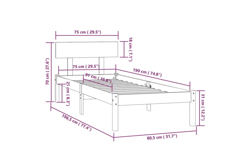 sengeramme 75x190 cm UK Small Single massivt fyrretræ hvid - Hvid - Møbler - Borde - Aflastningsbord - Sengebord
