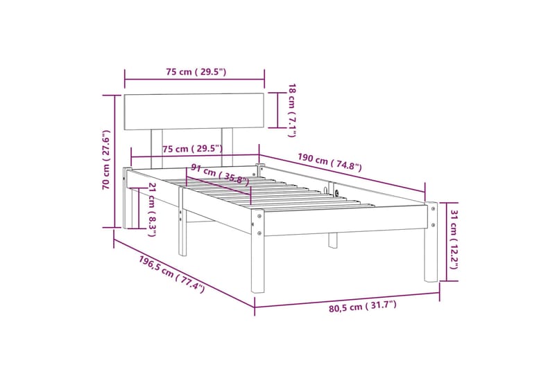 sengeramme 75x190 cm UK Small Single massivt fyrretræ hvid - Hvid - Sengebord