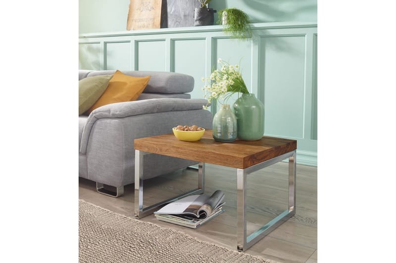 Sidebord Wohnling massivt træ, kvadratisk med metal krom ben, landstil 60x60 cm - 60x60 cm - Møbler - Borde - Aflastningsbord - Lampebord