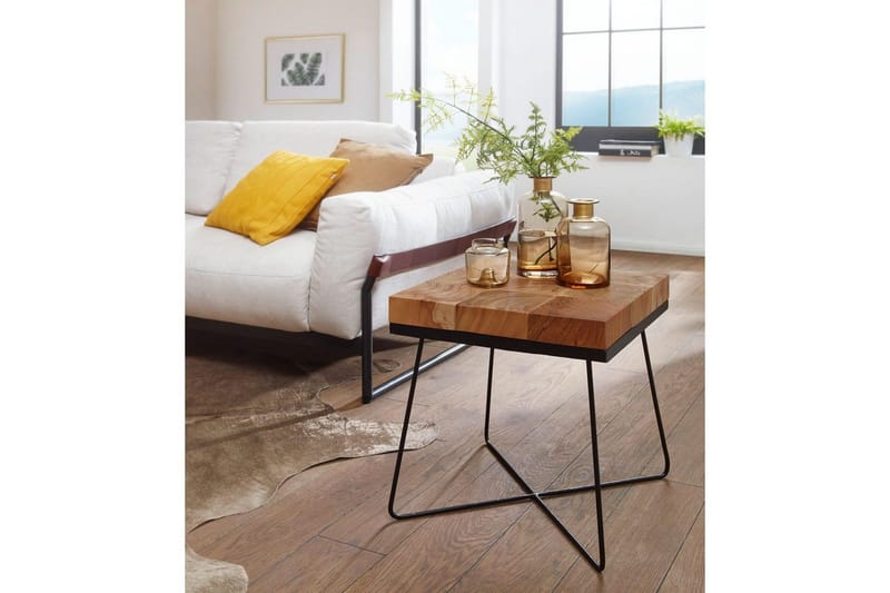 Sidebord Wohnling Massivt træ blokstil pulverlakeret metalramme industrielt - Møbler - Borde - Aflastningsbord - Lampebord