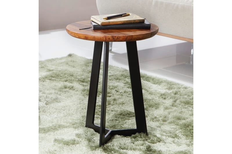Sidebord Wohnling massivt træ sort metalramme rundt 35 cm, industrielt loftstil 45 cm - 45 cm - Møbler - Borde - Aflastningsbord - Lampebord