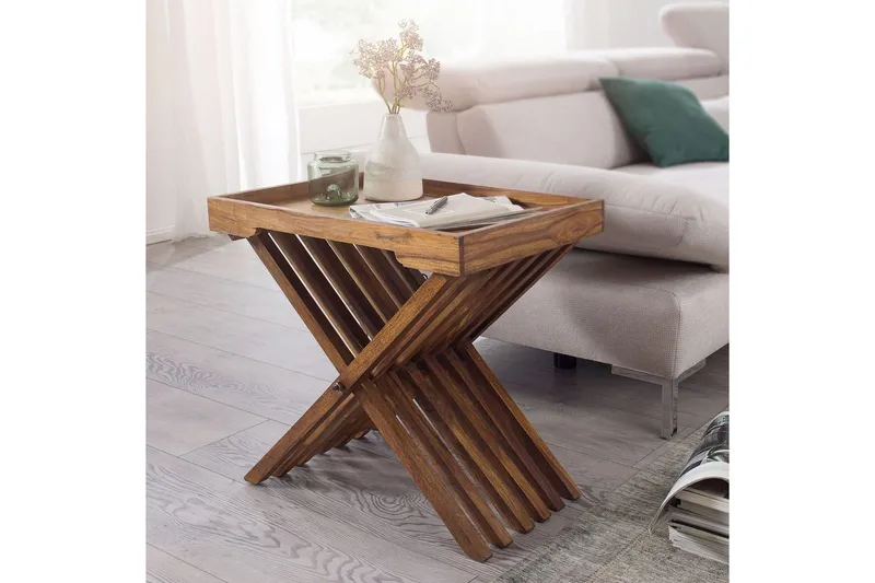 Sidebord Wohnling Rustikt sofabord, massivt træ med foldbart krydsben-design i landlig stil - Møbler - Borde - Aflastningsbord - Bakkebord & små borde