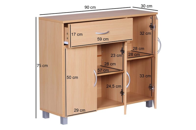 Skænk Wohnling folieret spånplade 90x75 cm, 3 døre 1 skuffe, moderne stil Bøg - Bøg - Møbler - Borde - Aflastningsbord - Entrébord