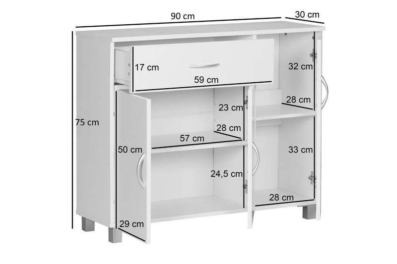 Skænk Wohnling folieret spånplade 90x75 cm, 3 døre 1 skuffe, moderne stil Hvid - Hvid - Møbler - Borde - Aflastningsbord - Entrébord