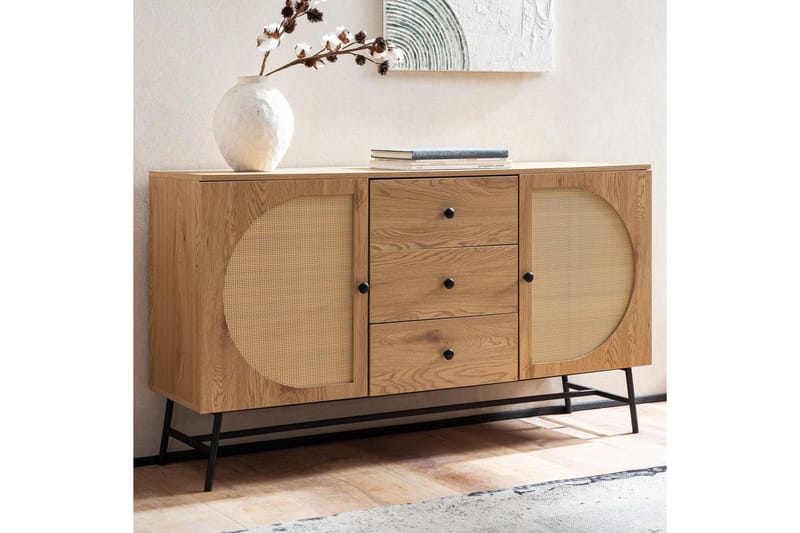 Skænk Wohnling Folieret spånplade egetræslook halvcirkel rattanvævet look 2 døre 3 skuffer moderne - Møbler - Borde - Aflastningsbord - Entrébord