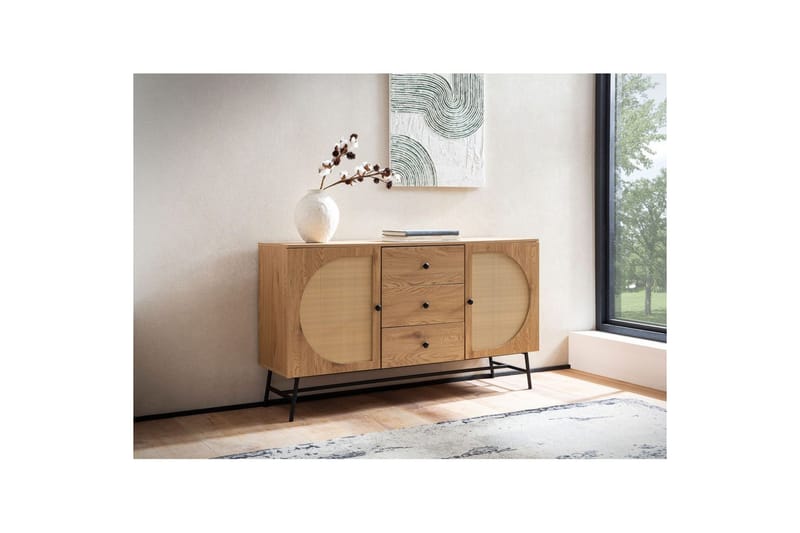 Skænk Wohnling Folieret spånplade egetræslook halvcirkel rattanvævet look 2 døre 3 skuffer moderne - Møbler - Borde - Aflastningsbord - Entrébord