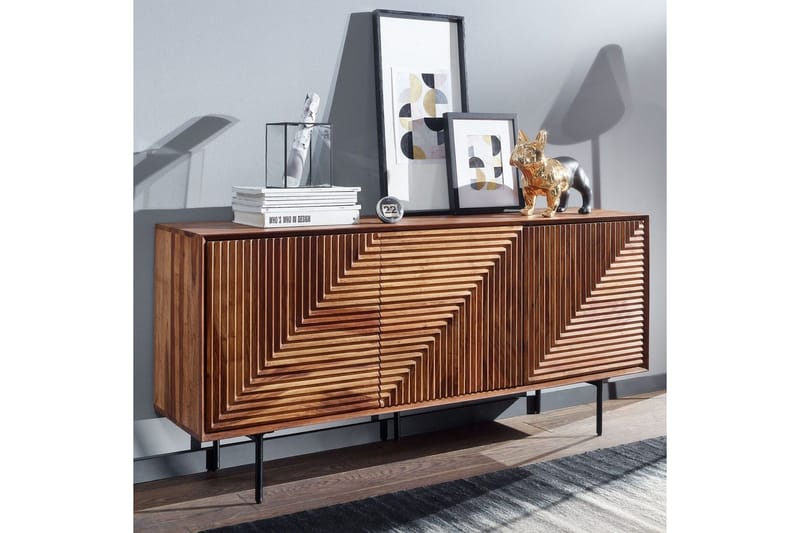Skænk Wohnling massivt træ, 3D geometrisk front, push-to-open, industriel loftstil 148 cm - 148 cm - Møbler - Borde - Aflastningsbord - Entrébord