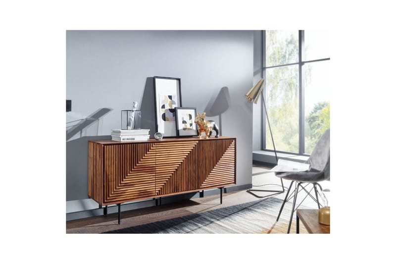 Skænk Wohnling massivt træ, 3D geometrisk front, push-to-open, industriel loftstil 148 cm - 148 cm - Møbler - Borde - Aflastningsbord - Entrébord