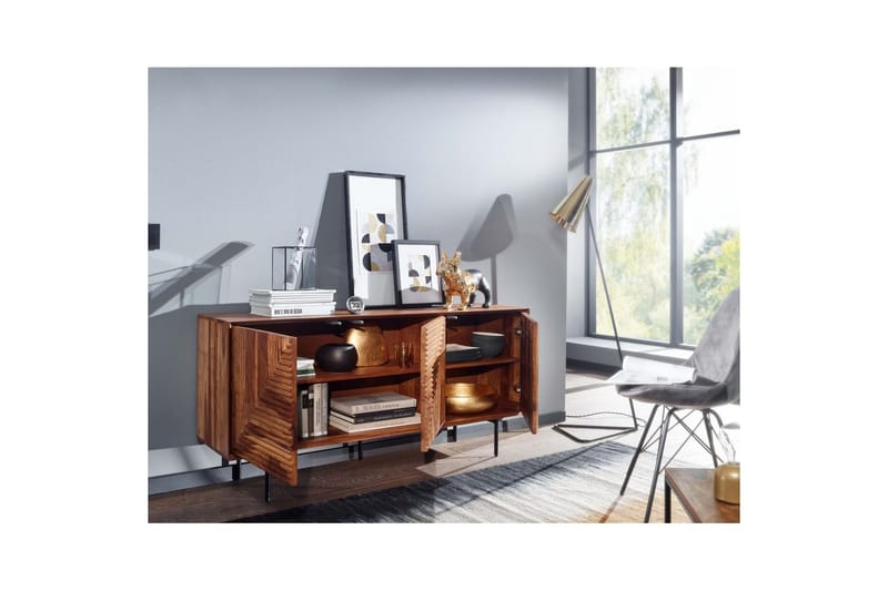 Skænk Wohnling massivt træ, 3D geometrisk front, push-to-open, industriel loftstil 148 cm - 148 cm - Møbler - Borde - Aflastningsbord - Entrébord