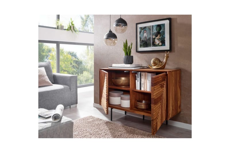 Skænk Wohnling massivt træ, 3D geometrisk front, push-to-open, industriel loftstil 100 cm - 100 cm - Møbler - Borde - Aflastningsbord - Entrébord