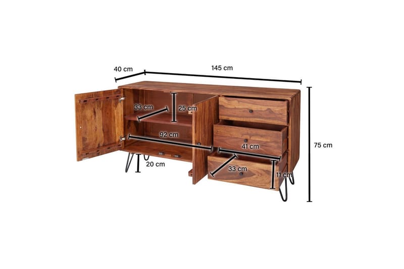 Skænk Wohnling Massivt træ 145 cm med 3 skuffer 1 dør hårnålben industriel - Møbler - Borde - Aflastningsbord - Konsolbord & sidebord
