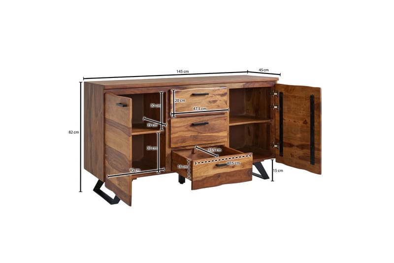 Skænk Wohnling Massivt træ kant 145 cm med 2 døre 3 skuffer industriel - Møbler - Borde - Aflastningsbord - Entrébord