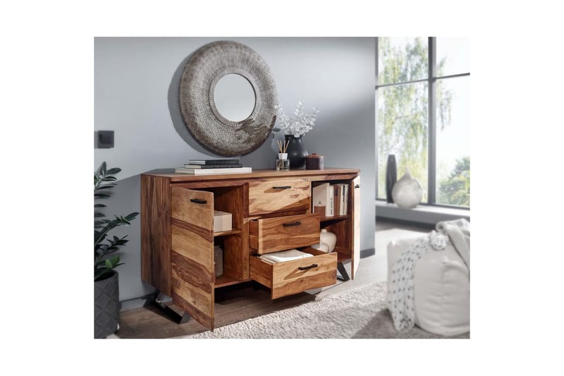 Skænk Wohnling Massivt træ kant 145 cm med 2 døre 3 skuffer industriel - Møbler - Borde - Aflastningsbord - Entrébord
