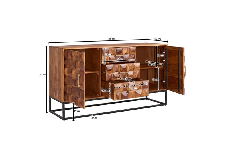 Skænk Wohnling Solidt træ design front 145 cm med 2 døre 3 skuffer industriel - Møbler - Borde - Aflastningsbord - Entrébord
