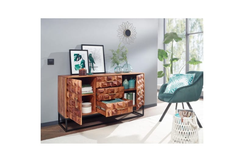 Skænk Wohnling Solidt træ design front 145 cm med 2 døre 3 skuffer industriel - Møbler - Borde - Aflastningsbord - Entrébord