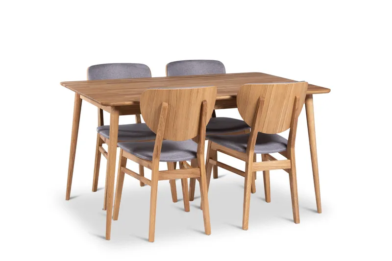 Alborg Spisegruppe 140 cm med 4 Borgholm Stole i massivt træ, Natur/Lys brun