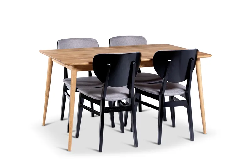 Alborg Spisegruppe 140 cm med 4 Borgholm Stole i massivt træ, Natur/Sort/Brun