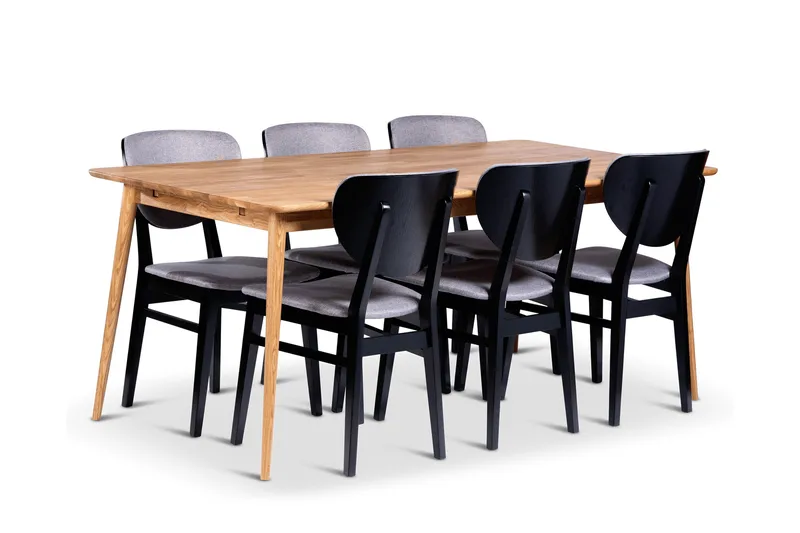 Alborg Spisegruppe 180 cm med 6 Borgholm Stole i massivt træ, Brun/Sort/Natur