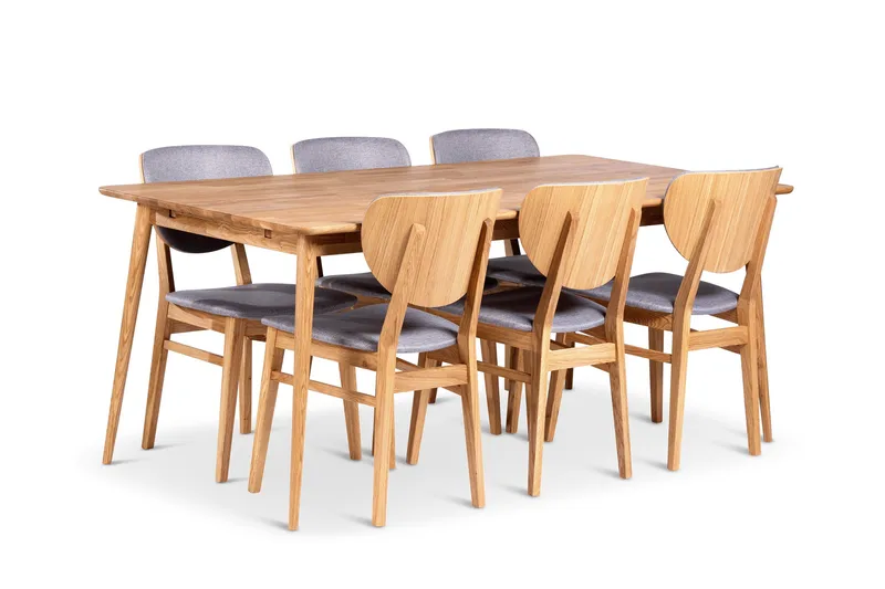 Alborg Spisegruppe 180 cm med 6 Borgholm Stole i massivt træ, Lys brun/Natur