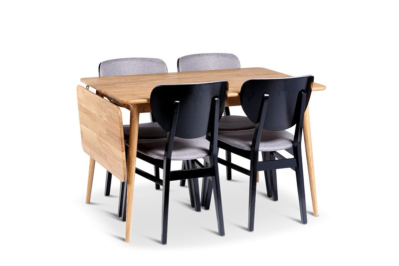 Alborg Udtræksbar Spisegruppe 120-160 cm med 4 Borgholm Stole i massivt træ - Natur/Sort/Lys brun - Møbler - Borde - Spisebordssæt