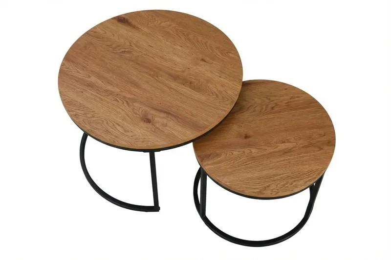Alex Rundt Indskudsbord - 2 Sofaborde 76 og 57 cm med Træ- og Egetræsudseende og Metalben - Natur - Møbler - Borde - Sofabord